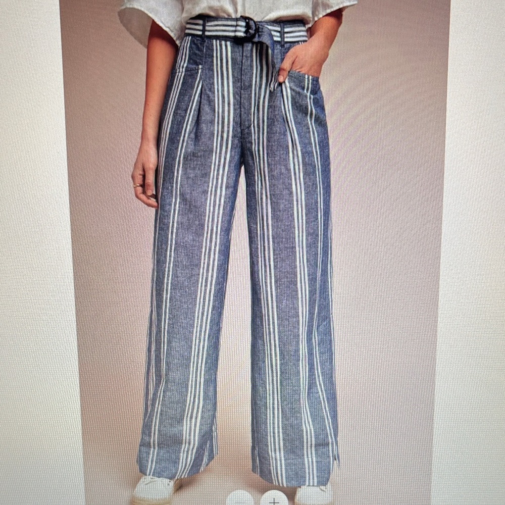 By Anthropologie Linen blend Blue and White striped Women's Flare Pants